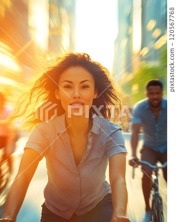 Young Diverse Cyclists Enjoy Dynamic Urban Ride in Vibrant City Setting 120567768