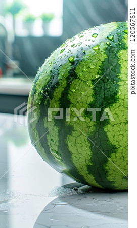 Fresh Watermelon with Dew Drops on Glossy Surface in Modern Kitchen 120567811