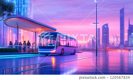 Futuristic City with Bright Skyline and Modern Bus at Sunset Bustle 120567834