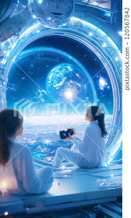 Futuristic Spacecraft View with Diverse Group Observing Earth from Space 120567842