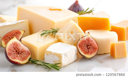 A Delicious Assortment of Various Cheeses with Fresh Figs and Rosemary 120567860