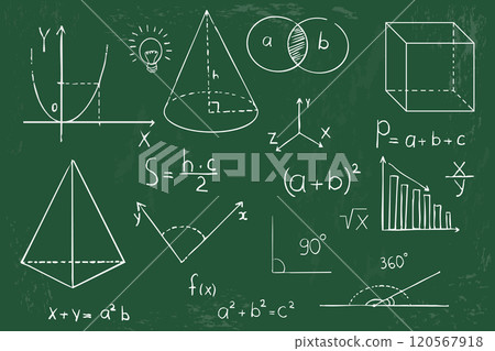 Math geometry graph and shapes on blackboard background. Set science doodle hand drawn sketch elements. Study theory formula, calculations. 120567918