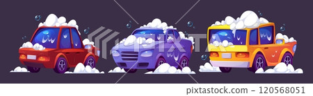 Cartoon vehicles in white foamy soap bubbles 120568051