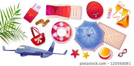 Summer travel bag, beach hat and stuff set cartoon 120568061