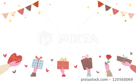 Valentine's day, party, background frame of hands holding gifts, cute hand drawn illustrations Valentine's day, party, background frame of hands holding gifts, cute hand drawn illustrations 120568069