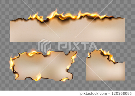 Burning paper sheets set on transparent background 120568095