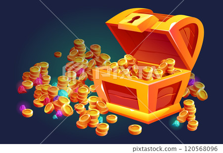 Open wooden chest full of gold coins and gemstones Open wooden chest full of gold coins and gemstones 120568096