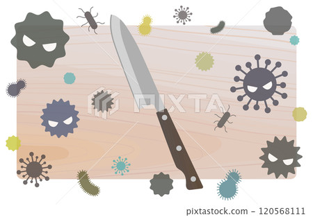 Vector illustration of bacteria growing on a cutting board Food poisoning Bacteria Knife Poison Pathogens Bacteria Germs Mold 120568111