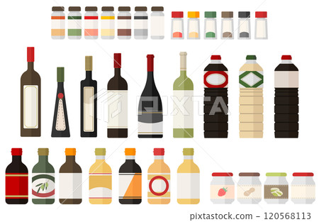 Condiments vector illustration set Spices Salt Pepper Wine Olive oil Noodle soup Vinegar 120568113