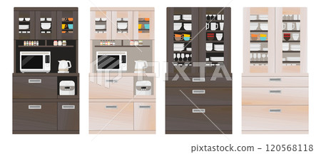 Wooden cupboard vector illustration set Wood grain Microwave Electric kettle Rice cooker Tableware Mug Drawer Wooden cupboard vector illustration set Wood grain Microwave Electric kettle Rice cooker Tableware Mug Drawer 120568118