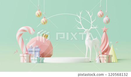 3D render, Minimalist pastel Christmas scene with reindeer and festive decor, empty podium display for product showing on green background. 120568132
