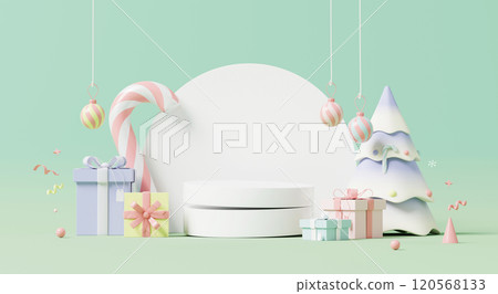 3D render, Pastel Christmas display with gifts, candy cane, and tree decorations, empty podium display for product showing on green background. 3D render, Pastel Christmas display with gifts, candy cane, and tree decorations, empty podium display for product showing on green background. 120568133