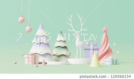 3D render, Podium display for product banner in pastel Christmas trees with reindeer and holiday decorations on green background. 3D render, Podium display for product banner in pastel Christmas trees with reindeer and holiday decorations on green background. 120568134