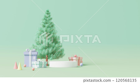 3D render, Podium display for product banner in Christmas tree with pastel gifts and minimal holiday decor. 3D render, Podium display for product banner in Christmas tree with pastel gifts and minimal holiday decor. 120568135