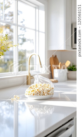 Bright Morning Kitchen with Freshly Popped Popcorn on White Countertop 120568151