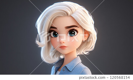 Young Woman with Blond Short Hair and Freckled in Blue Denim Shirt 120568154