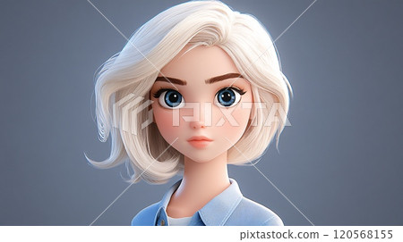 A 3D Character Design of a Blond Girl with Short Hair in Blue 120568155