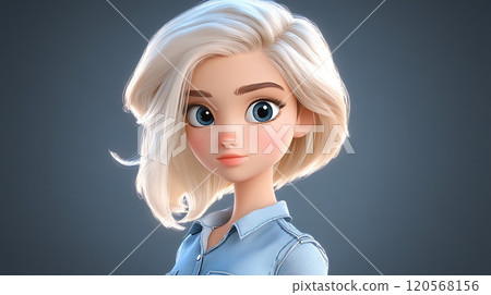 Charming 3D Character Animation of Girl with Short Blonde Hair and Blue Eyes 120568156