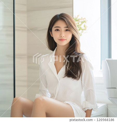 Modern Japanese-Style Bathroom with Woman Showcasing Advanced Toilet Technology 120568186