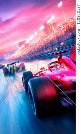 Aerial View of F1 Cars Racing Through Turn 1 at Twilight in Exciting Speed Aerial View of F1 Cars Racing Through Turn 1 at Twilight in Exciting Speed 120568187