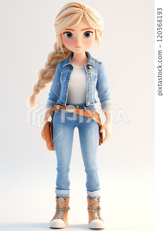 Stylish 3D Character with Denim Outfit and Braided Hair in Casual Pose 120568193
