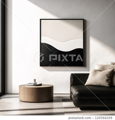 Abstract Black and White Wave Art in Modern Minimalist Living Room Abstract Black and White Wave Art in Modern Minimalist Living Room 120568209