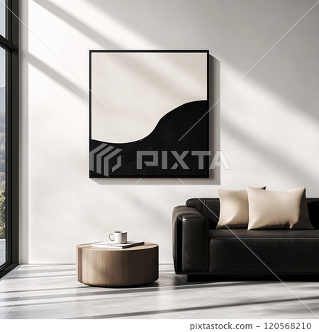 Elegant Minimalist Living Room Featuring Abstract Black and White Wave Painting Elegant Minimalist Living Room Featuring Abstract Black and White Wave Painting 120568210