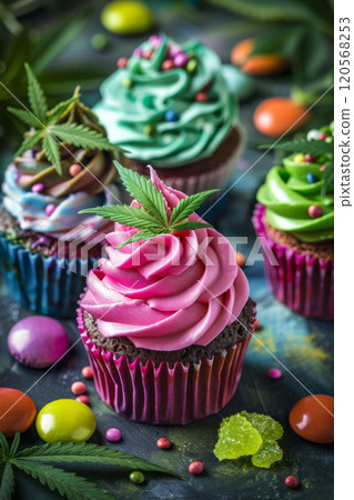 Vibrant Cannabis-Infused Cupcakes with Colorful Frosting for Edible Delights Advertising 120568253