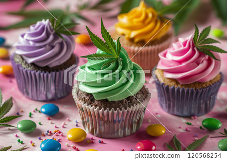 Colorful Cannabis-Infused Cupcakes with Decorative Frosting for Edible Treats 120568254
