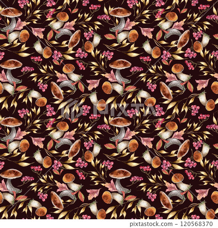 White mushrooms, dried herbs and red berries watercolor seamless pattern isolated. Rowan branch with porcini, leaves hand drawn. Boletus, forest plants on botanical repeated background for textile. 120568370