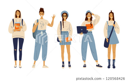 Modern girls students with gadgets, textbooks and backpacks. Outfit of young girls. Set of flat characters. 120568426