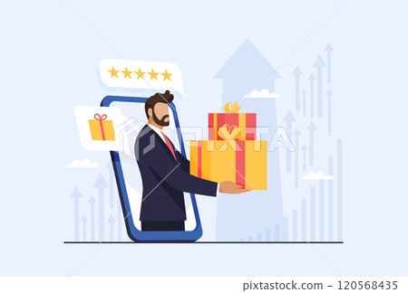Gift to the client, bonus or promotion, SEO promotion of goods. Man on the smartphone screen gives a gift to the client as a thank you or apology. Gift certificate. Flat vector illustration. Gift to the client, bonus or promotion, SEO promotion of goods. Man on the smartphone screen gives a gift to the client as a thank you or apology. Gift certificate. Flat vector illustration. 120568435