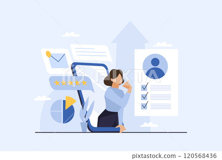 Concept of modern online applications for business and remote management. Woman conducts business, sends resume and conducts business correspondence in online application on smartphone. Flat vector Concept of modern online applications for business and remote management. Woman conducts business, sends resume and conducts business correspondence in online application on smartphone. Flat vector 120568436