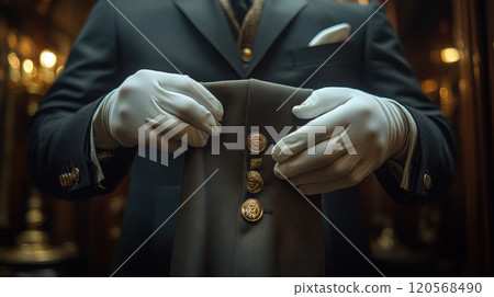 butler in formal attire adjusts suit with white gloves, showcasing elegance and professionalism. setting exudes luxury and sophistication 120568490
