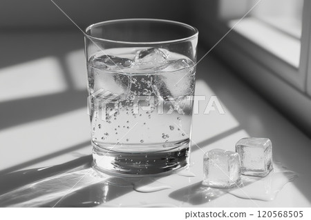 clear glass of sparkling water filled with bubbles and ice cubes, reflecting light beautifully. scene evokes refreshing and cool feeling 120568505