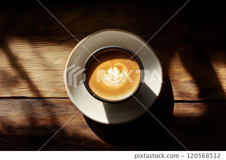coffee cup with latte art on top, showcasing beautiful swirls and patterns, sits on rustic wooden table. warm tones create cozy atmosphere 120568512