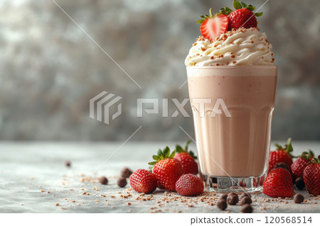 cold glass of strawberry milkshake topped with whipped cream and fresh strawberries, surrounded by chocolate and strawberries, creating delightful treat cold glass of strawberry milkshake topped with whipped cream and fresh strawberries, surrounded by chocolate and strawberries, creating delightful treat 120568514