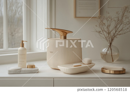 Minimalist design of cordless handheld steamer with skincare products, showcasing elegance and functionality in serene setting. Perfect for modern home aesthetics Minimalist design of cordless handheld steamer with skincare products, showcasing elegance and functionality in serene setting. Perfect for modern home aesthetics 120568518