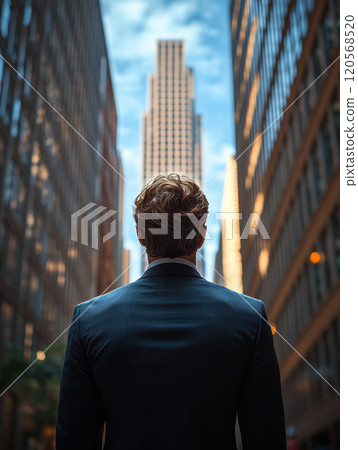corporate employee stands confidently in cityscape, gazing at towering buildings. scene captures ambition and determination in modern urban environment 120568520