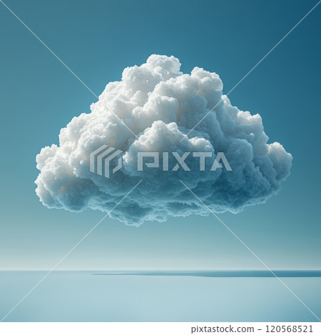 fluffy cotton cloud floats in serene blue sky, creating tranquil atmosphere. soft texture and bright color evoke sense of calm and wonder 120568521