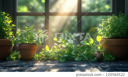 serene indoor garden with sunlight streaming through window, showcasing vibrant green plants in terracotta pots. warm light creates peaceful atmosphere 120568522