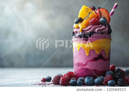 vibrant fruit smoothie in mason jar topped with fresh berries, mango, and whipped cream, creating refreshing and colorful treat vibrant fruit smoothie in mason jar topped with fresh berries, mango, and whipped cream, creating refreshing and colorful treat 120568523