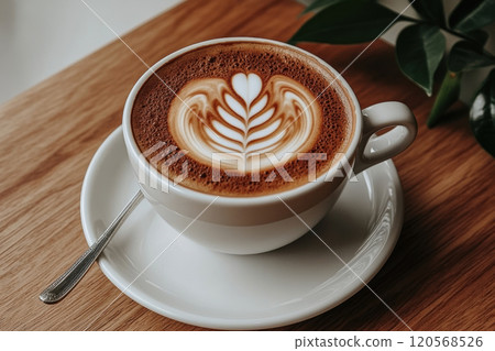 cup of rich espresso with crema on top, beautifully decorated with latte art, sits on wooden table. warm tones create cozy atmosphere 120568526