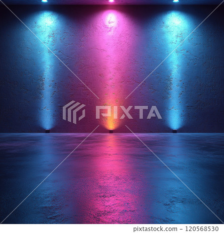 dark background with vibrant blue, pink, and orange lights creating colorful ambiance. smooth floor reflects light, enhancing dramatic effect 120568530