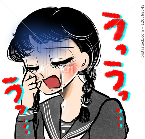 A cartoon illustration of a Showa retro style high school girl in a sailor suit with braids crying 120568545