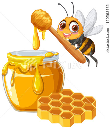 Cheerful Bee with Honey and Comb 120568583