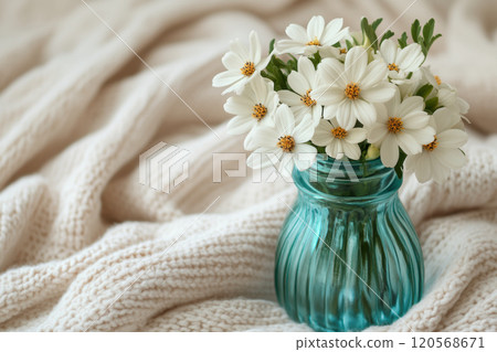 decorative glass vase with curved silhouette holds fresh white flowers, creating serene and inviting atmosphere. soft texture of blanket enhances cozy feel decorative glass vase with curved silhouette holds fresh white flowers, creating serene and inviting atmosphere. soft texture of blanket enhances cozy feel 120568671