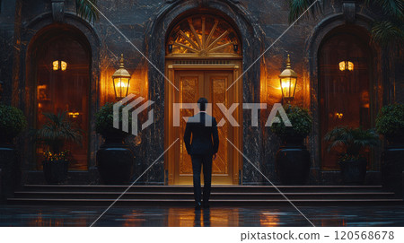 man in suit stands before elegant entrance with golden doors, surrounded by lush plants and warm lighting, evoking sense of anticipation and luxury 120568678