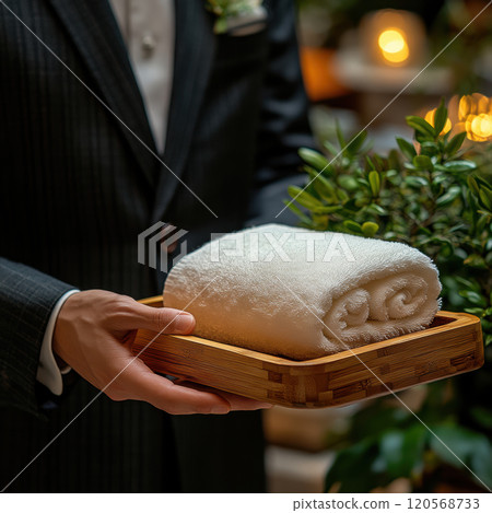 hotel receptionist offers warm towel to guest, showcasing hospitality and comfort. elegant presentation enhances welcoming atmosphere 120568733