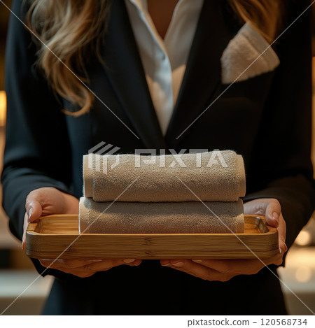 Warm towels presented by hotel receptionist on bamboo tray, creating welcoming atmosphere for guests. elegant setting enhances hospitality experience 120568734
